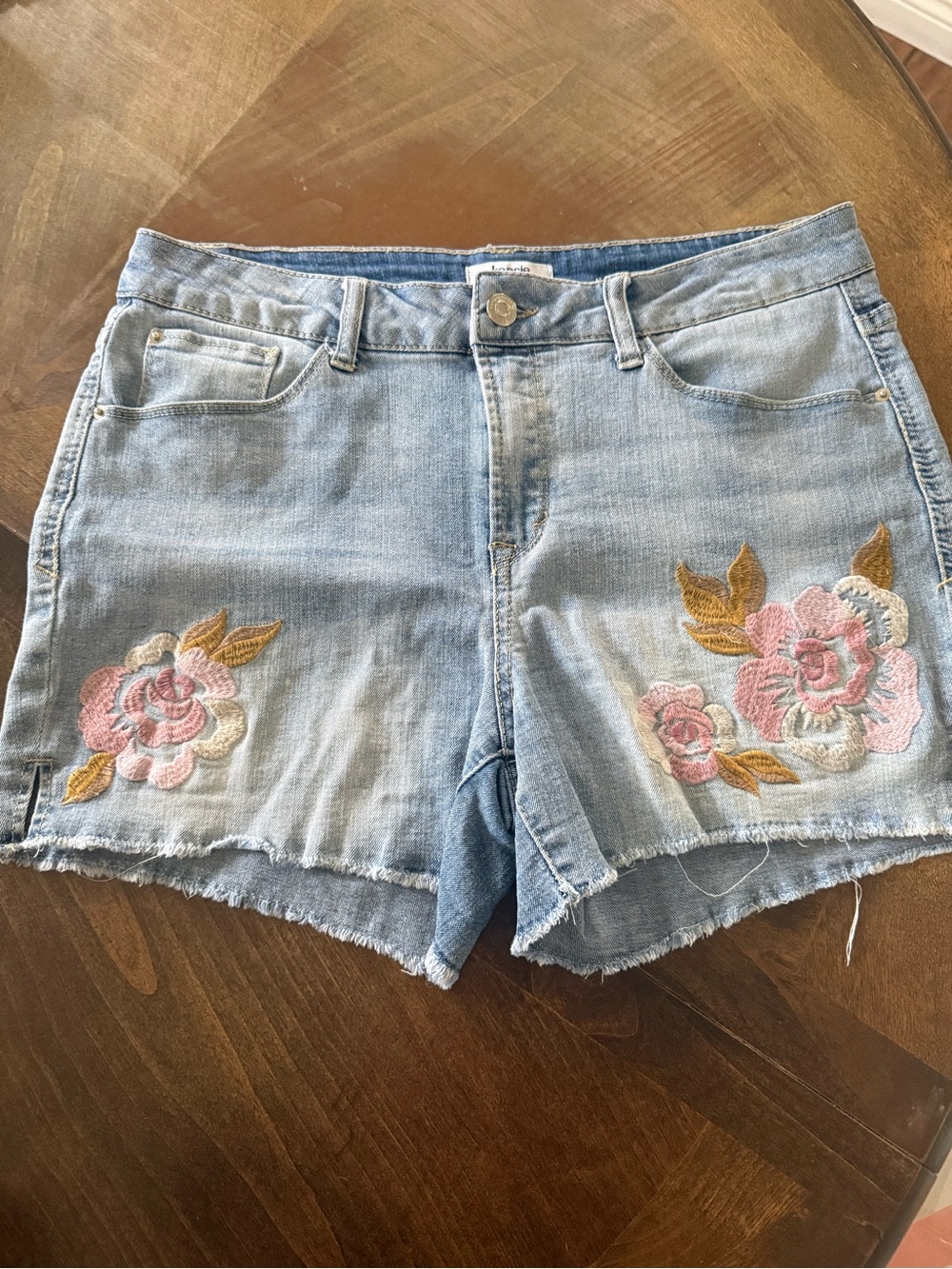 Kensie Light Blue Denim Shorts with Pink Floral Embroidery